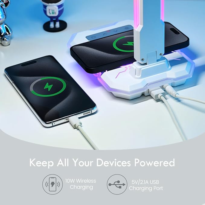 RGB Gaming Desk Lamp with Music Sync,Dimmable LED Lamp with Wireless Charging Station,USB Charging Port,Color Changing Touch Control Light for Gamer Room Decor,Reading,Office,Gift Ideas