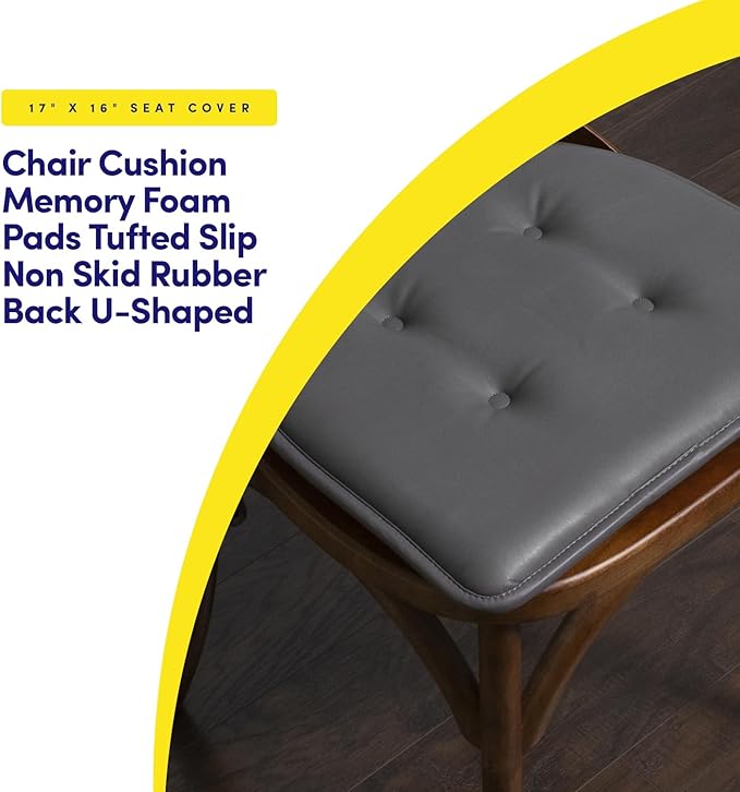 Sweet Home Collection Chair Cushion Memory Foam Pads Tufted Slip Non Skid Rubber Back U-Shaped 17" x 16" Seat Cover, 6 Pack, Faux Leather Gray