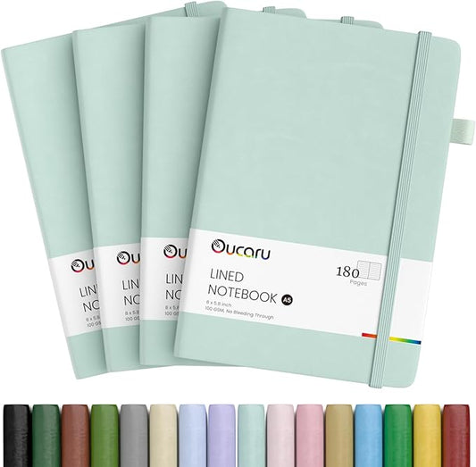 Oucaru Lined Journal Notebook, 4 Pack, 180 Pages, A5 Journals for Writing, 100 GSM Thick Paper, Small Notebooks Daily Journal for Women Men Work, Business, School, Travel Supplies