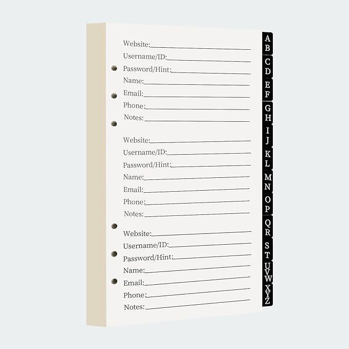 A6 Password Book Refills - 576 Entires Password Notebook Refill Paper with Alphabetical Tabs, Large Print Internet Log Book Replacement Pages, 224 Pages, 6.8in x 4.1in