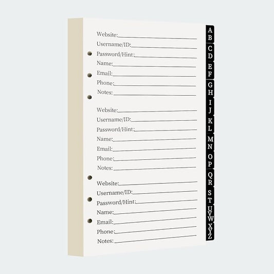 A6 Password Book Refills - 576 Entires Password Notebook Refill Paper with Alphabetical Tabs, Large Print Internet Log Book Replacement Pages, 224 Pages, 6.8in x 4.1in