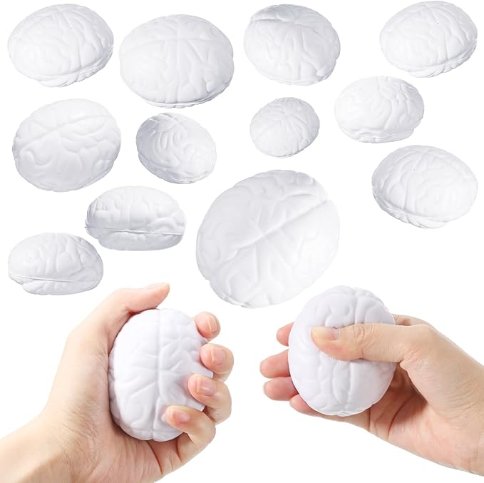 Leitee 12 Pcs Brain Stress Balls Bulk Large Halloween Brain Toys PU Hand Muscle Exercise Pressure Ball Funny Stress Relief Toy for Teens Adult Improving Grip Strength Prop(White)