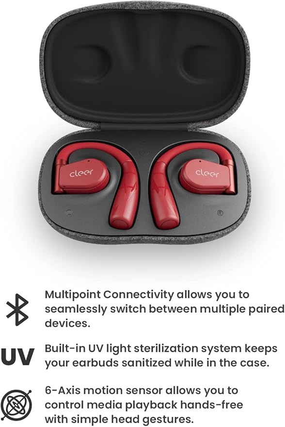 Cleer ARC II Sport Open Ear Headphones, True Wireless Ear Buds with Dual Mic, Sweat Resistant, Multi-Point Connect, 35 Hrs Playtime, Secure Fit, Bluetooth 5.3 Earbuds with Ear Hooks, Preset EQs, Red