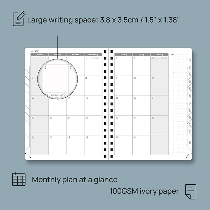POPRUN 2026 Planner Weekly Notebook (Jan-Dec), Medium 8.5''x 6.5'' - Agenda 2026 Calendar Book with Monthly Tabs, Inner Pocket, Spiral Soft Cover, 100 GSM - Petrol
