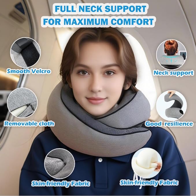 Travel Neck Pillow for Airplane, Adults Memory Foam Travel Neck Pillow, Ergonomic 360° Neck Support for Airplane Car Home Office Sleep, Small Packable Compact Portable Adults Turtle Pillow (Grey)