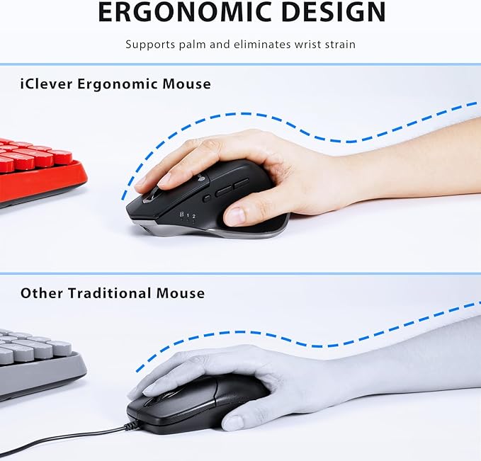 iClever Bluetooth Mouse, Wireless Large Mouse, Multi-Devices Dual Mode, Ergonomic Mice with 5 Adjustable DPI and 7 Buttons, Rechargeable Silent Mice for Laptop, iPad, MacBook, Tablet, PC, Black Grey