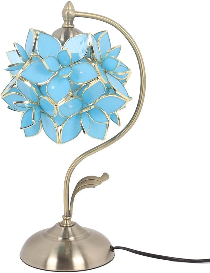 Bieye L11022 Tiffany Style Stained Glass Flower Petal Table Lamp with Brass Base for Home Décor (Sky Blue, 8" Rose Lily)
