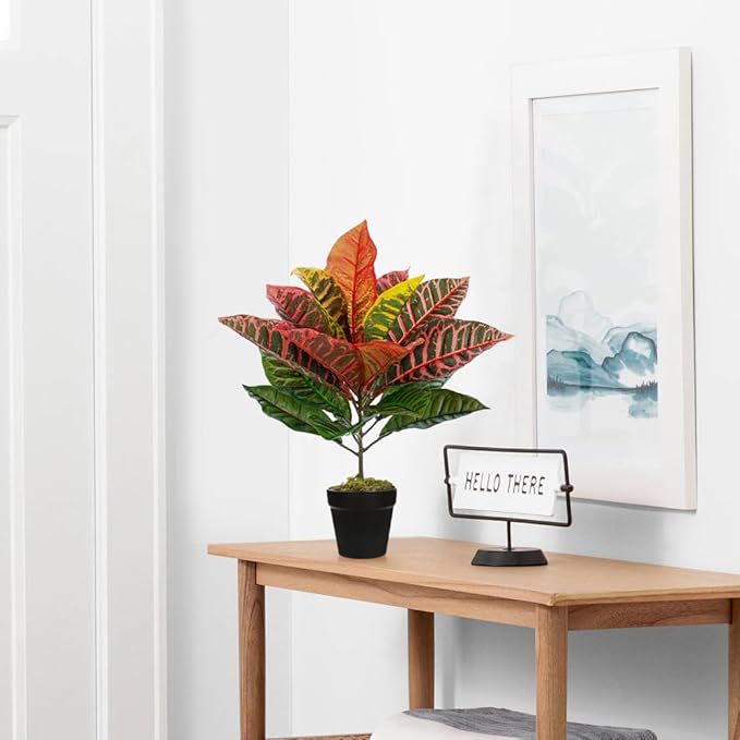 Briful 15.7" Artificial Croton Real Touch Potted Plant Artificial Indoor Decor, Fake Plants for Home Farmhouse Table Desk Decorations
