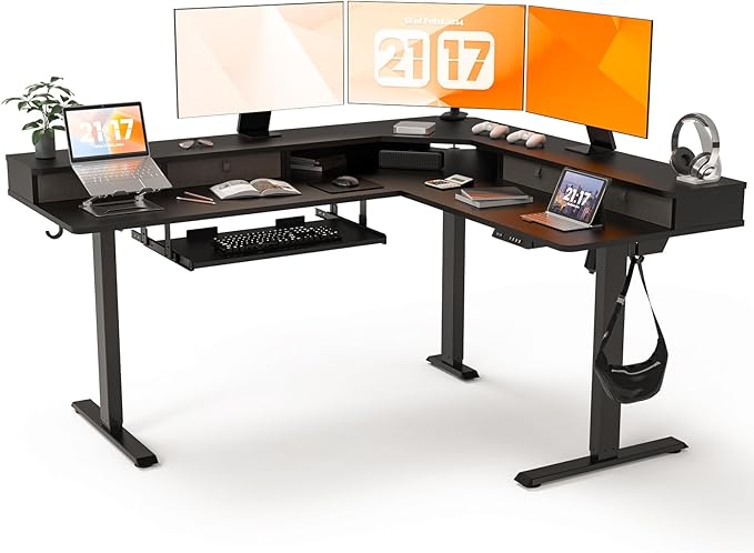 L Shaped Standing Desk with USB Charging Port & 4 Drawers,63 x 55 inch Electric Adjustable Height Corner Stand Up Desk with Keyboard Tray & Storage,Sit Stand Computer L Table for Gaming Office