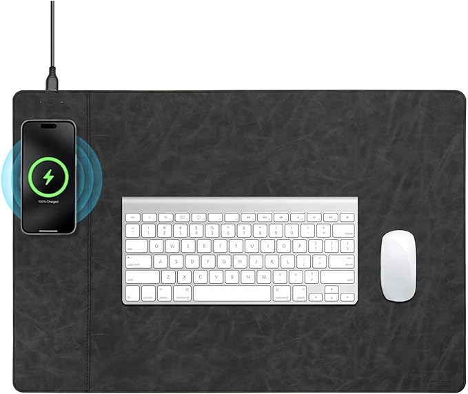 Magnetic Wireless Charging Desk Mat, Office Large Office Mouse Pad, Microfiber Leather Mouse Mat with Ultra-Smooth Surface, Waterproof Computer Keyboard Desk Mat for Office & Home, Laptop, Gray