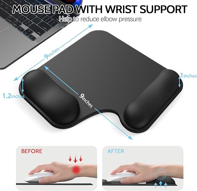 Ergonomic Mouse Pad with Gel Wrist Rest (1"& 1.2" Dual Height) - Black Mouse Pads Compact Mousepad Desk Mat Office, Gaming & Carpal Tunnel Relief | Non-Slip Rubber Base