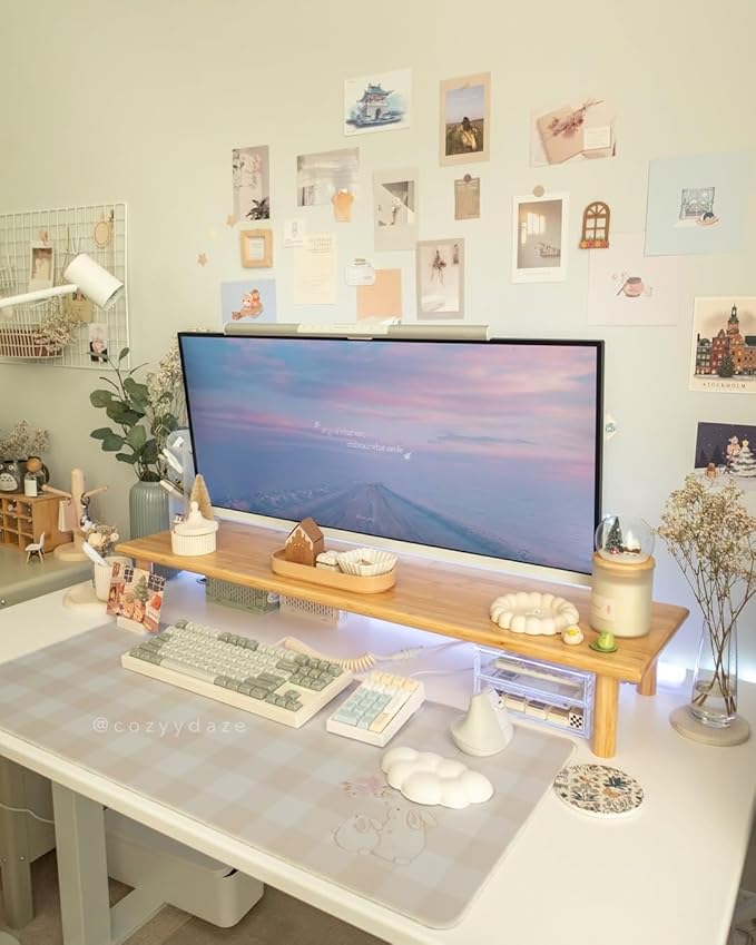 Bamboo Dual Monitor Shelf, Monitor Stand Riser with Underneath Storage for Desk Office Supplies, Supports Heavy TV up to 300 lbs, Natural