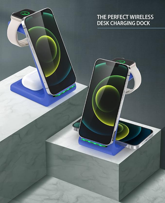 3 in 1 Wireless Charging Station, 2025 Upgraded Fast Desk Charger Station for iPhone 16 15 14 13 12 Pro Max Plus, Charger Stand for Apple Watch 10 9 8 7 6 5 4 3 2 SE, Airpods 4 3 2 Pro(Blue)