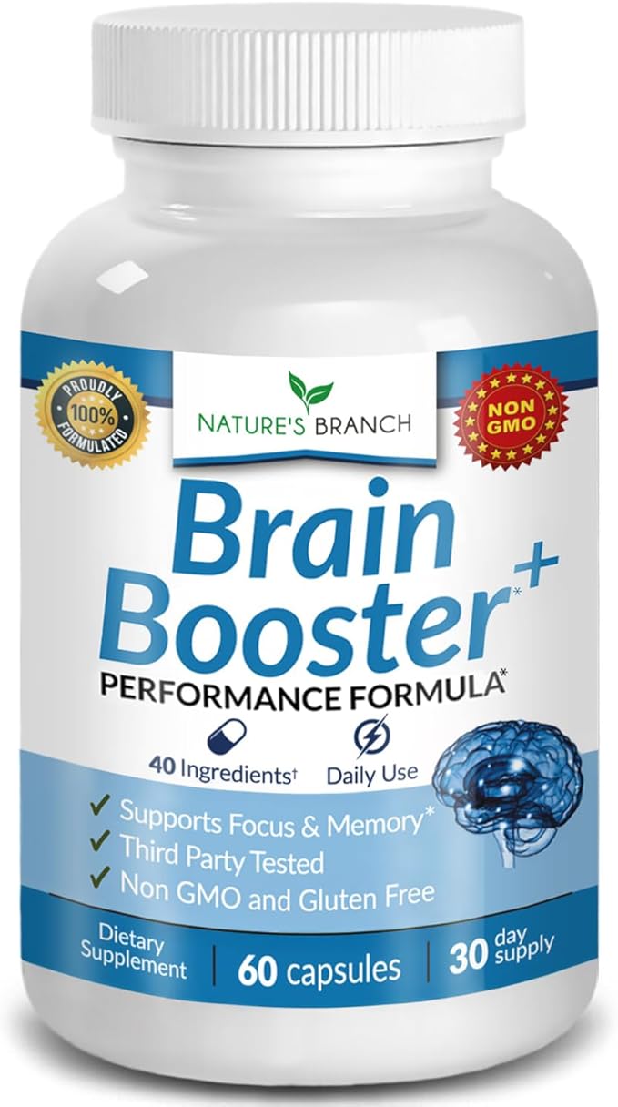 40-in-1 Brain Booster Supplement for Focus, Memory, Clarity, Energy | Advanced Vitamins Plus eBook | for Men & Women, Cognitive Function Nootropic Support with DMAE, Mind Health Formula | 60 Capsules