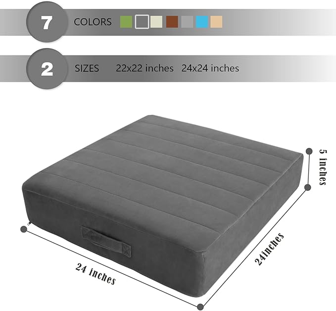 MeMoreCool Square Floor Pillow for Adults and Kids, Large Meditation Cushion with Thick Foam and Washable Tufted Cover, 24-Inch Grey Seat for Sitting and Yoga