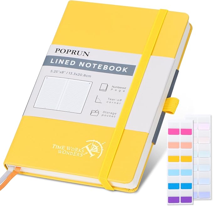 POPRUN Lined Journal Notebook for Women & Men, A5 Medium Size 5.25''x 8'', 120GSM Thick Paper, 128 Numberd Pages, Hardcover, Index Tabs, College Ruled Notebook for Work & Note Taking - Light Yellow