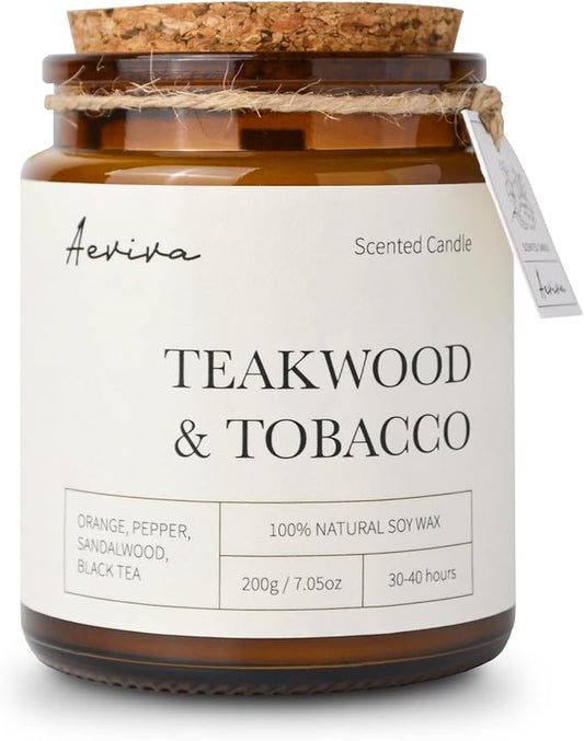 Scented Candle, 7.05 oz Teakwood Tobacco Aromatherapy Candle, Natural Soy Wax with Wooden Wick, Candles for Home Scented, Stress Relief Amber Jar Candle Gifts