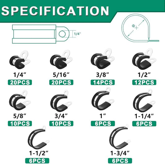 110PCS Cable Clamps Assortment Kit,10 Sizes—1/4" 5/16" 3/8" 1/2" 5/8" 3/4" 1" 1-1/4" 1-1/2" 1-3/4" Stainless Steel Rubber Coated Cushioned Insulated Cable Clamp,Automotive Wire Pipe Clamps