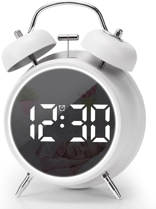 JUSTUP Digital Small Alarm Clock, 4.5 Inch Double Bell Electronic LED Alarm Clock, Plug in or Battery Operated Silent Metal Table Clock, Bedside Loud Bell Clock for Heavy Sleepers Adults Kids (White)