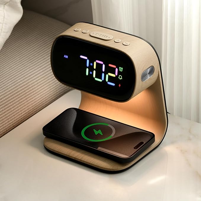 Digital Alarm Clock with Wireless Fast Charging Station 15W Touch Smart Lamp for Bedside,3 Colors Nightlight Adjustment Night Lamp for Living Room,Bedside,Heavy Sleepers (Woodgrain+Cable&Adapter)