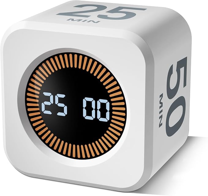 Rotating Pomodoro Timer, 5/10/25/50 Minutes, Countdown & Stopwatch, Desk Productivity, ADHD Tool Cube Flip Timer, Adjustable Silent, for Study, Work, Kitchen (White)