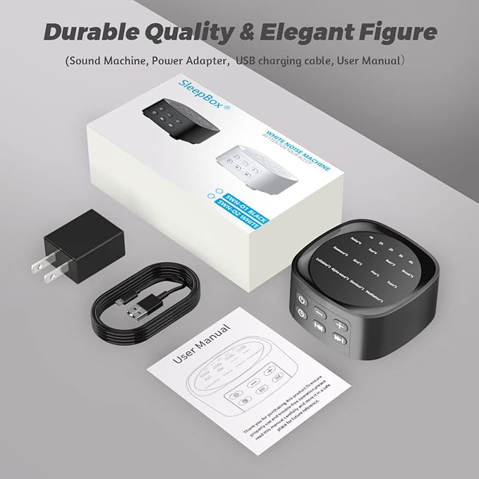 Sleepbox Sleep White Noise Sound Machines with 25 Soothing Sounds 36 Volume Levels 5 Timers Visible Sound Catalog Portable Size Memory Function for Home Office and Travel