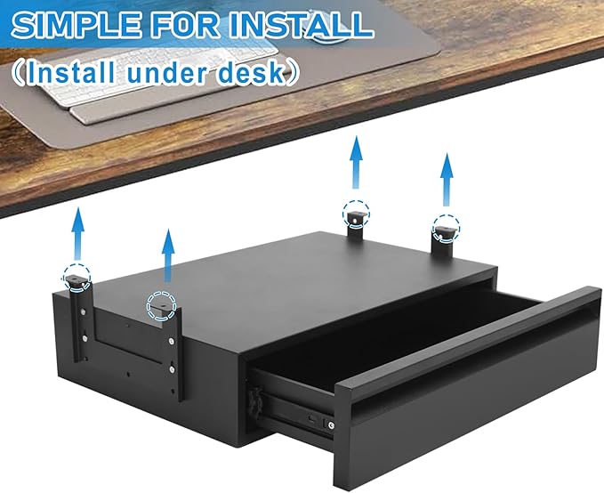 POPMOON 18 Inch Under Desk Drawer,Adjustable Height,Under Desk Drawer Slide Out for Office & Home, Metal Storage Drawer with Cable Management,Matte Black