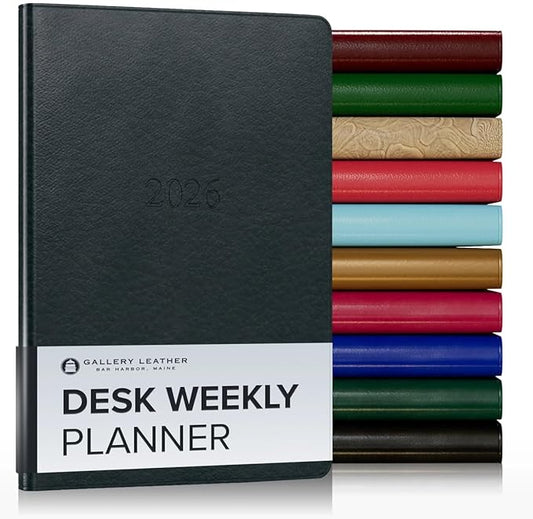 Gallery Leather Desk Weekly Monthly Planner 2025-2026, Elegantly Bound Calendar Planner and Notebook with Stylish Gold-Gilded Page Edges, 12 Months - Tremont Atlantic - 8 x 5.5 "