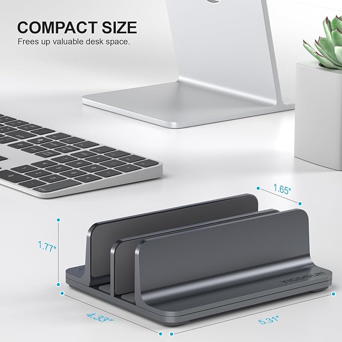 Dual-Slot Aluminum Vertical Laptop Stand for Desk - Adjustable Width Dock for MacBook, Surface, Samsung, HP, Dell up to 17.3 inches - Space-Saving & Protective Design - Gray