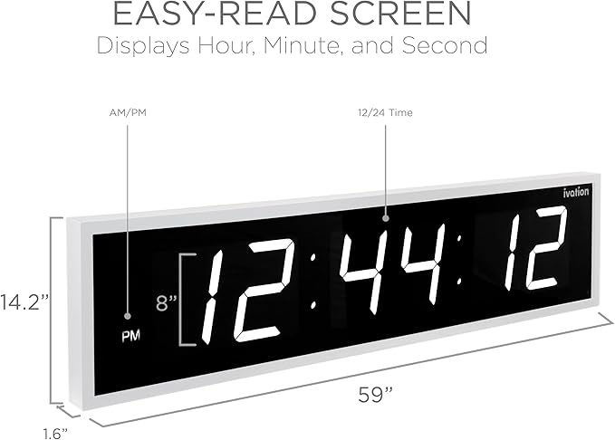 Ivation Huge Oversized 60" Large Digital LED Clock | Big Digital Clock w/Multi-Function Display – Stopwatch, Timer, Alarms, Temp & Date | 6 Brightness Levels, Time Memory & Remote (White)
