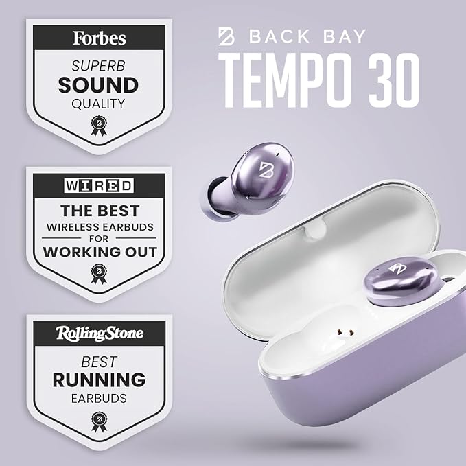 Back Bay Audio Tempo 30 Wireless Earbuds for Small Ears - Award-Winning Sound, Sweatproof Bluetooth Earbuds, Comfortable Ear Buds for Women, Purple Earphones Small Ear Canals, Long Battery Headphones