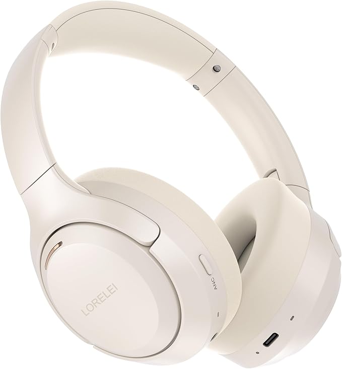 LORELEI QC60 Hybrid Active Noise Cancenlling Headphones,Wireless over ear Bluetooth Headsets with mic, 60H Playtime Foldable Lightweight, Deep Bass, Memory Earmuffs,for Travel Home Office(Beige White)