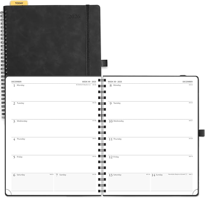POPRUN 2026 Planner Weekly Notebook Calendar (Jan-Dec), Large Size 8.5'' x 10.5'' - Agenda 2026 Appointment Book with Monthly Tabs, Inner Pocket, Spiral Soft Cover, 100 GSM - Black