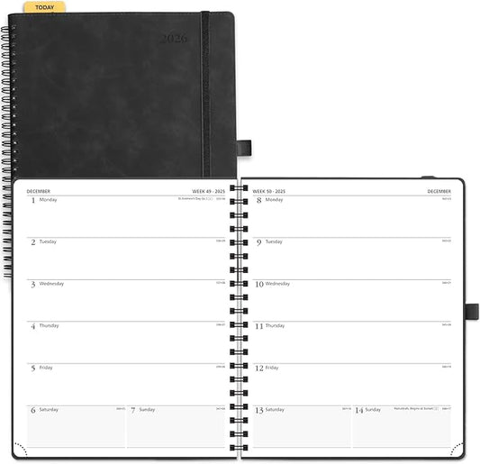 POPRUN 2026 Planner Weekly Notebook Calendar (Jan-Dec), Large Size 8.5'' x 10.5'' - Agenda 2026 Appointment Book with Monthly Tabs, Inner Pocket, Spiral Soft Cover, 100 GSM - Black