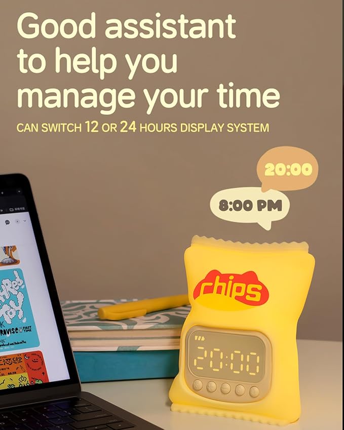 Chips Alarm Clock with Night Light for Kids, Cute Toddler Alarm Clocks for Bedrooms Ok to Wake Clocks for Girls and Boys, Rechargeable Silicone Animal Tabletop Lamp for Kid