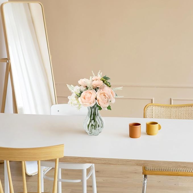 Faux Flowers in Vase for Table Decor, Fake Roses Lavender Plant Artificial Flowers in Vase, Silk Flower Bouquet Floral Arrangements for Home Decor Indoor Office Coffee Table Centerpiece, PeachPink