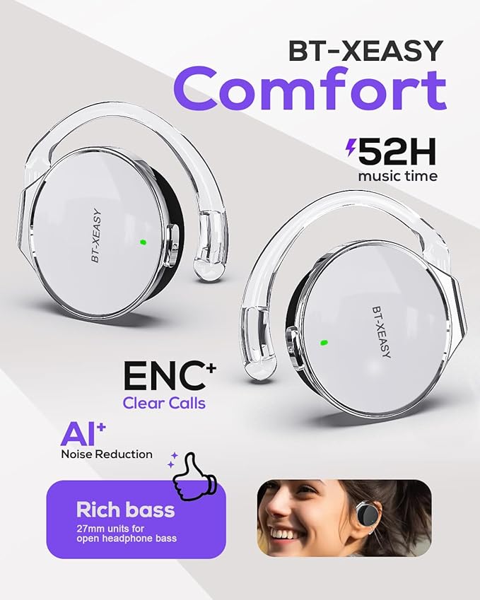 On Ear Headphones Bluetooth 5.4, Noise Cancelling Open Ear Headphones Wireless, Water-Drop Shaped Clip On Sport Headset Bluetooth with 4 Microphone, Comfort Fit Earphones with Long Battery Life