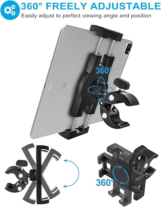 woleyi Bike Tablet Mount, Motorcycle Bicycle Tablet Holder, Cycling Handlebar Clamp with 360 Rotation for iPad Pro Air Mini, iPhone, Samsung Galaxy Tabs, Fire HD, More 4.7-13" Cellphones and Tablets