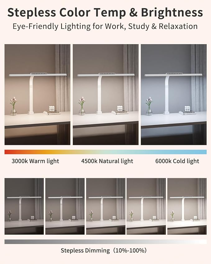 LED Desk Lamps for Home Office, 24W Bright Eye-Caring Desk Light with Clamp, Stepless Dimming Adjustable Flexible Gooseneck Clip on Office Lamp with Adapter for Reading, Study, Workbench,White