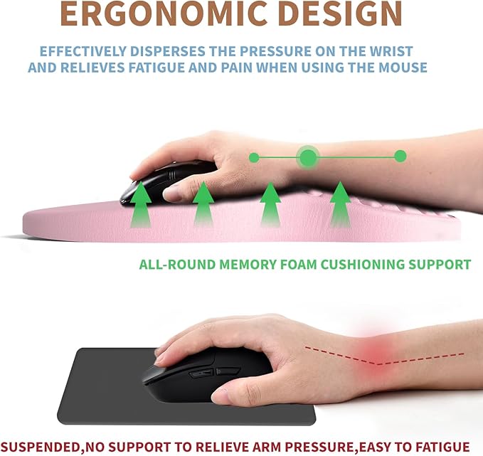 Ergonomic Mouse Pad Wrist Support with Foam Massage Design, Pain Relief Mousepad with Wrist Rest, Non-Slip PU Base, Pink Mouse Pads for Women, Desk, Office & Home