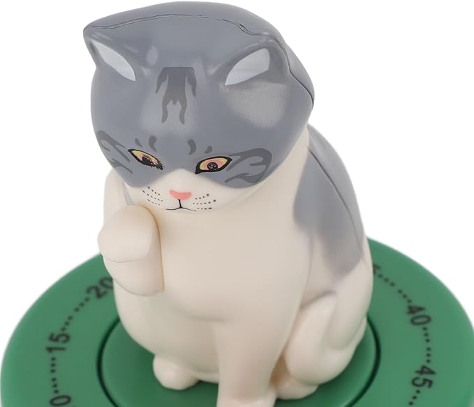Mechanical Countdown Timer, 60 Minutes Mechanical Kitchen Timer Eco Friendly Loud Alarm Magnetic Base Cute Animal Shape for Kitchen (Kitten with Green Base)