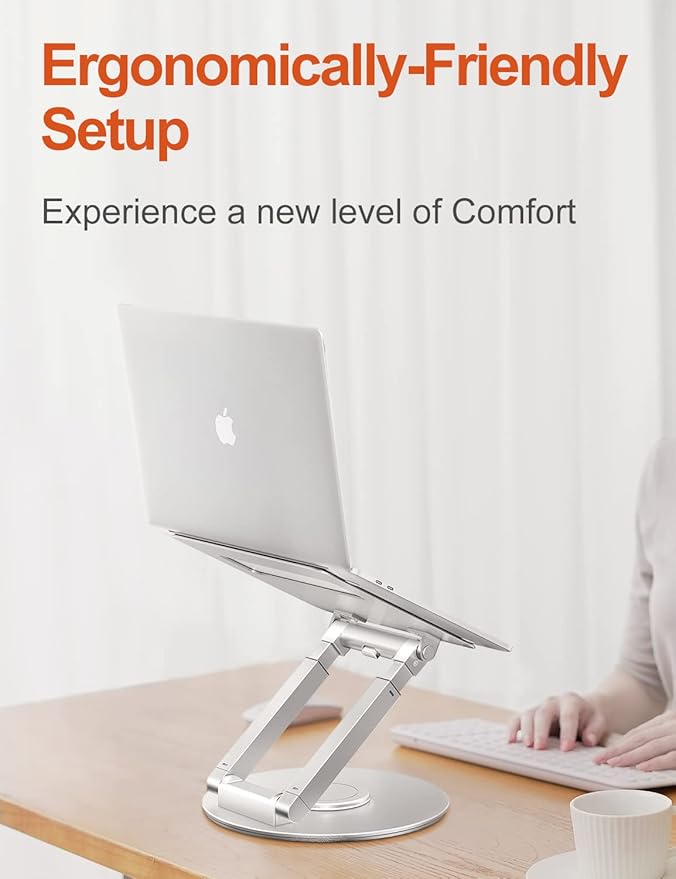 tounee Telescopic Laptop Stand for Desk with 360° Swivel Base, Sit to Stand, Height Adjustable, Portable Riser Holder for Good Posture, Compatible with All Laptops 10-17"-Silver