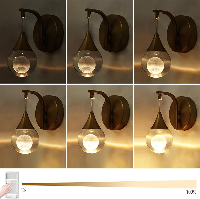 Moon Wall Sconce Indoor, Crystal Sconce Wall Lighting Modern, Dimmable LED Wall Light for Bedroom Bathroom Living Room Vanity Dining Room, Brass