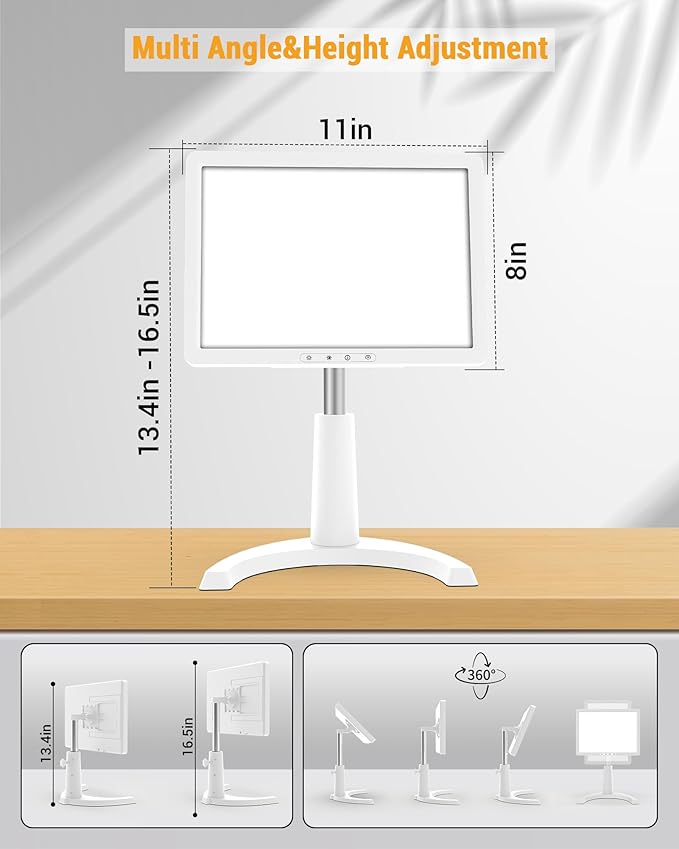 Light Therapy Lamp, 12000 Lux Full Spectrum 3 in 1 Therapy Lamps UV-Free LED Sunlight, Adjustable 10 Brightness 5 Color Modes, Timer, Height, Angle& Detachable Stand, White