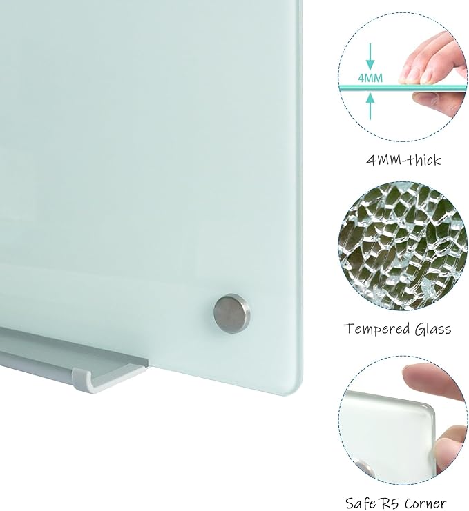 Glass Magnetic Dry-Erase Board -60"x40"Frameless Wall Mounted Glass Whiteboard for Wall, Large Frameless Magnetic White Board for Office, Home & School