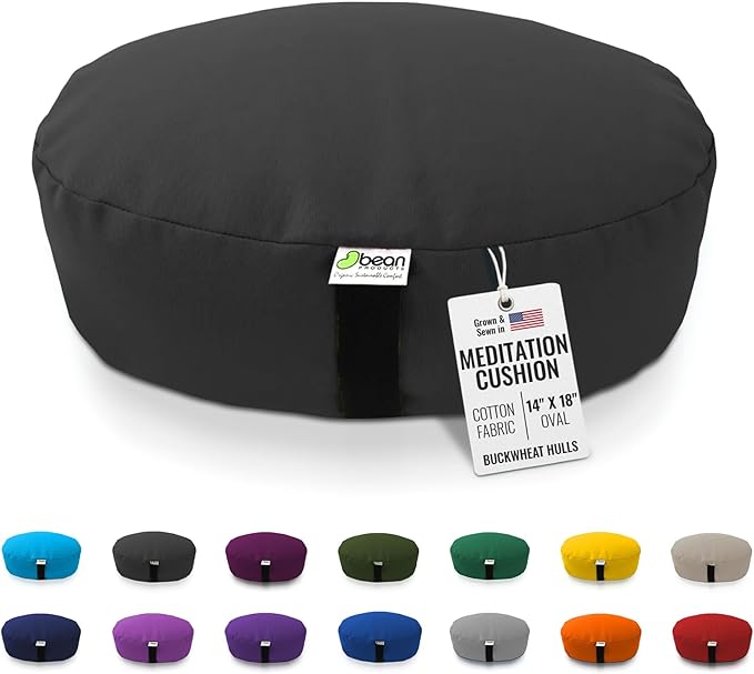 Bean Products Zafu Meditation Pillows for Sitting on Floor, Yoga Cushion, Cotton/Buckwheat Fill Yoga Pillow, Zafu Meditation Cushion, Zen Kneeling Prayer Pad- Made in USA - 14"x18" Oval - Black