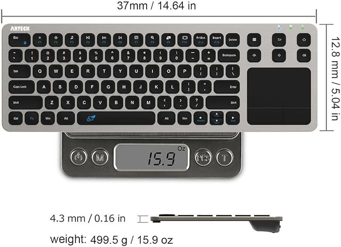 Arteck 2.4G Wireless Touch TV Keyboard with Easy Media Control and Built-in Touchpad Mouse Solid Stainless Ultra Compact Full Size Keyboard -Connected Computer, Smart TV, HTPC