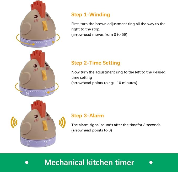 Mechanical Kitchen Timer, Cute Wind Up 60-Minute Manual Countdown for Kids, Classroom, Home, Study and Cooking