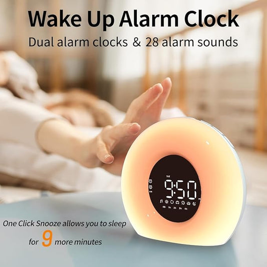 Wake Up Light Sunrise Alarm Clock with Sunrise Sunset Simulation 23 Nature Sleep Sounds 13 Colors Night Light Dual Alarms Snooze Function Sleep Aid for Heavy Sleepers Kids Adults (White)