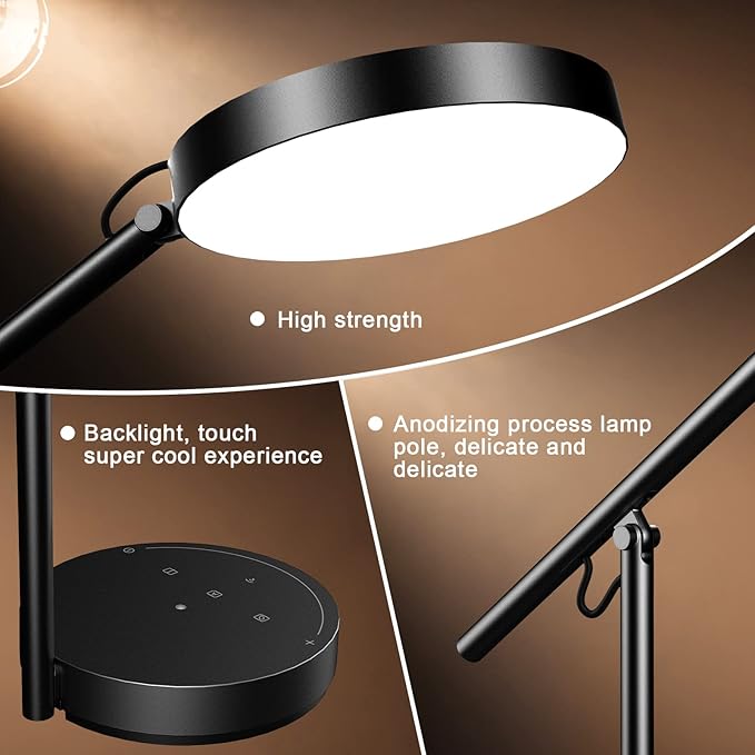 Desk Lamps for Home Office with Stable Base, Adjustable Swing Arm Table Lamp, Eye Caring Lamp for Reading, Work, Bedroom, Bedside, Memory Light Dimmable with 3-Color Modes & 9-Brightness